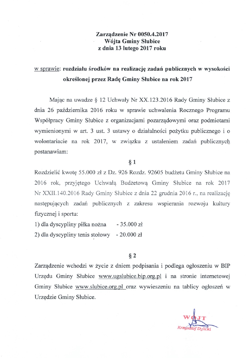 Zarządzenie w sprawie rozdziału środków na realizację zadań publicznych na 2017 r.