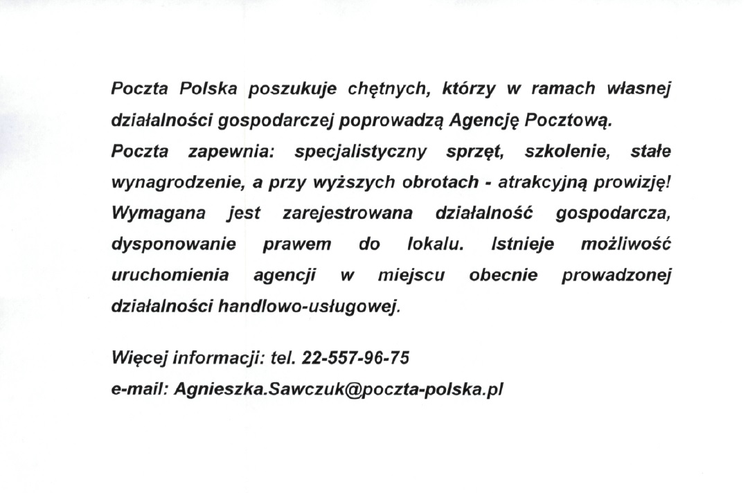 Poczta Polska poszukuje chętnych, którzy w ramach własnej działalności gospodarczej poprowadzą Agencję Pocztową.