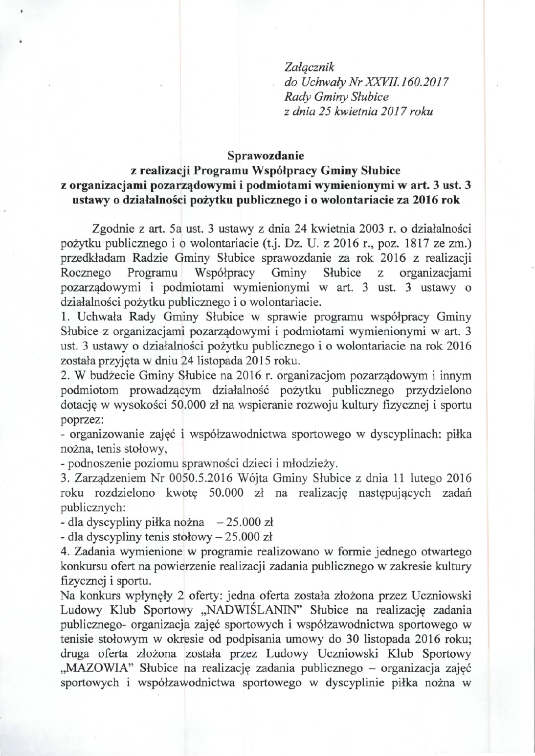 Sprawozdanie z realizacji Programu Współpracy Gminy Słubice