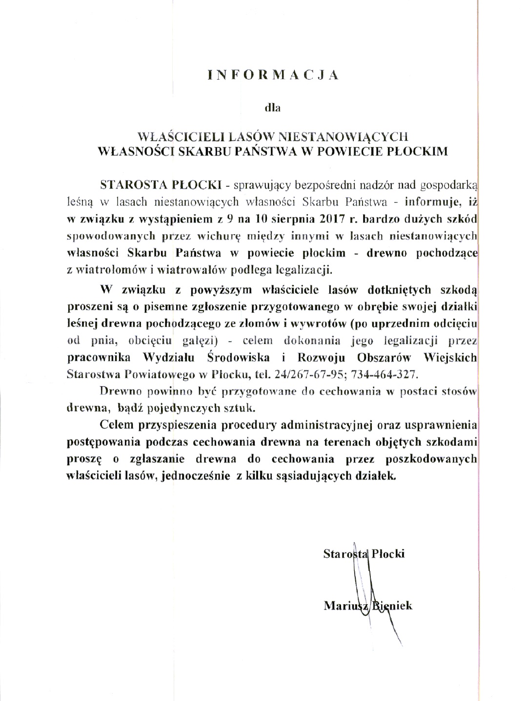 Informacja dla właścicieli lasów niestanowiących własności skarbu państwa w powiecie płockim