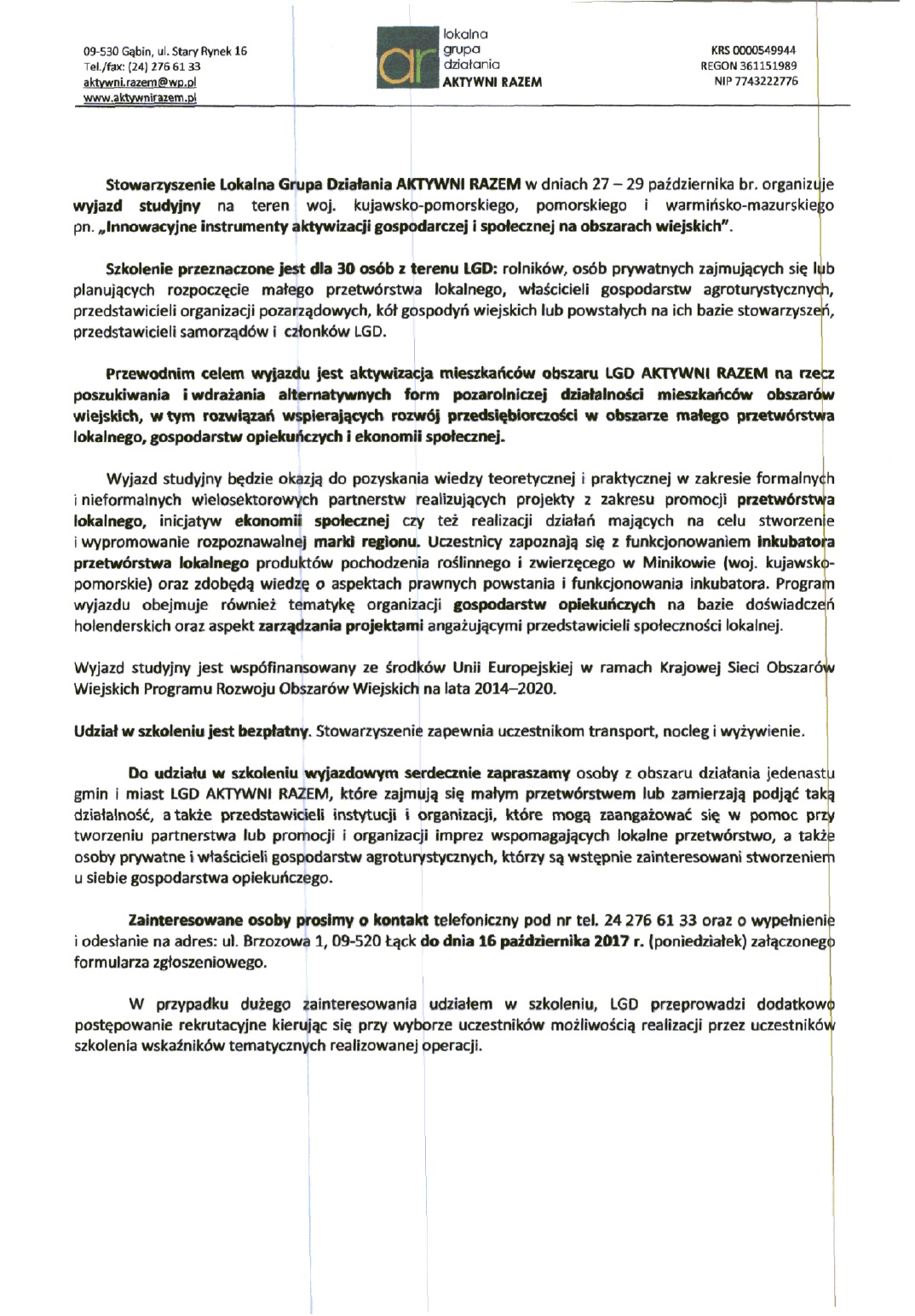 Zaproszenie na wyjazd studyjny pt. ,,Innowacyjne instrumenty aktywizacji gospodarczej i społecznej na obszarach wiejskich