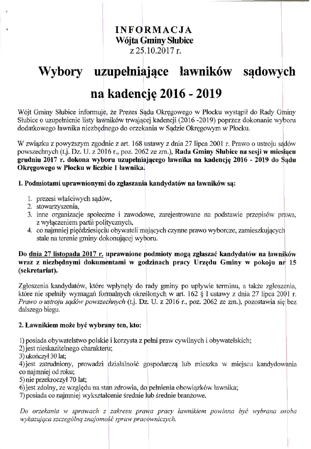 Informacja Wójta Gminy Słubice o wyborach uzupełniających ławników sądowych