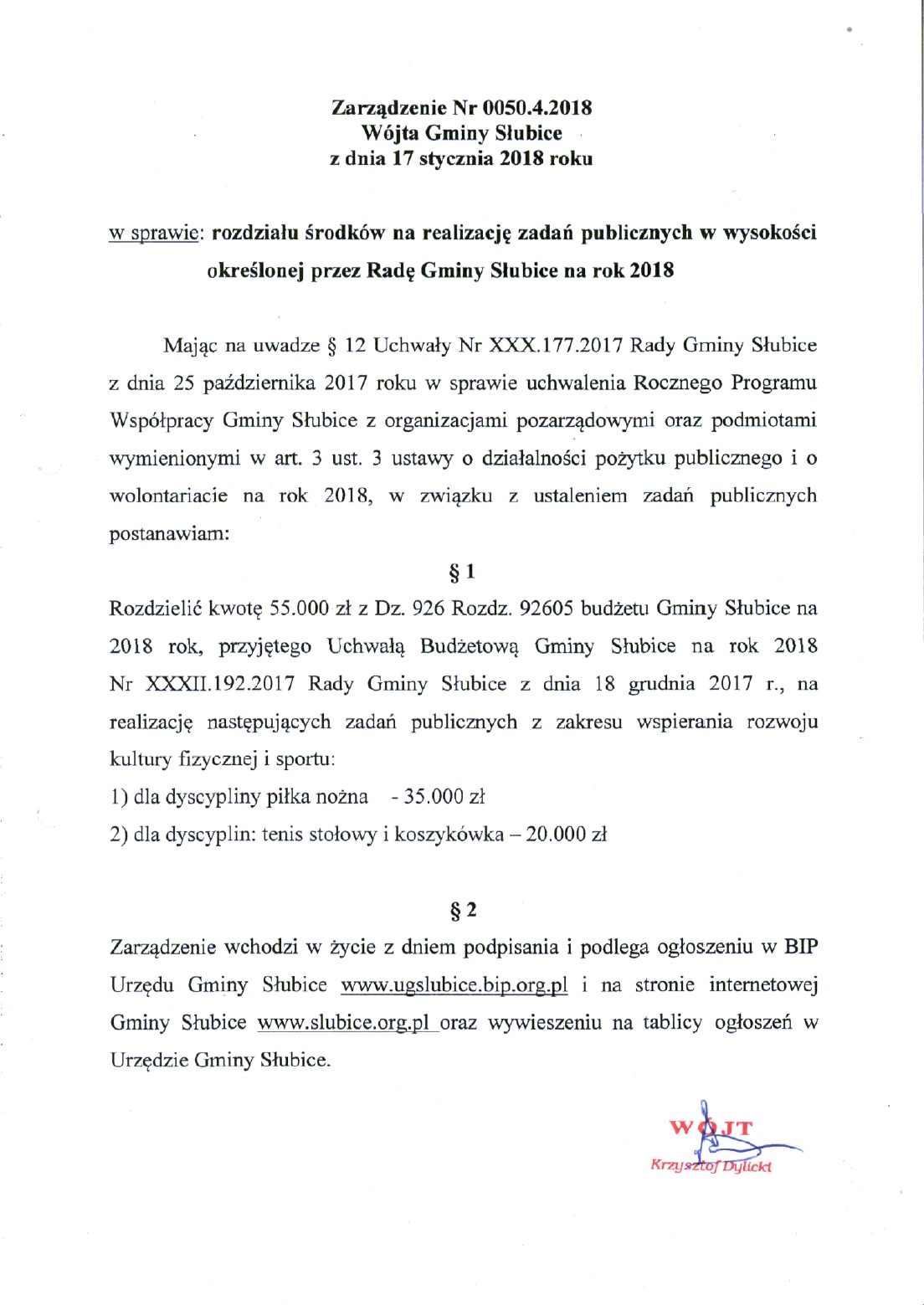 Zarząrzenie Wójta Gminy Słubice