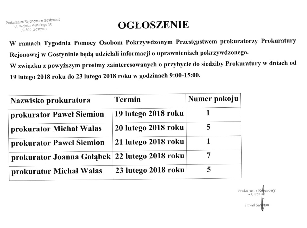 Ogłoszenie Prokuratury Rejonowej w Gostyninie