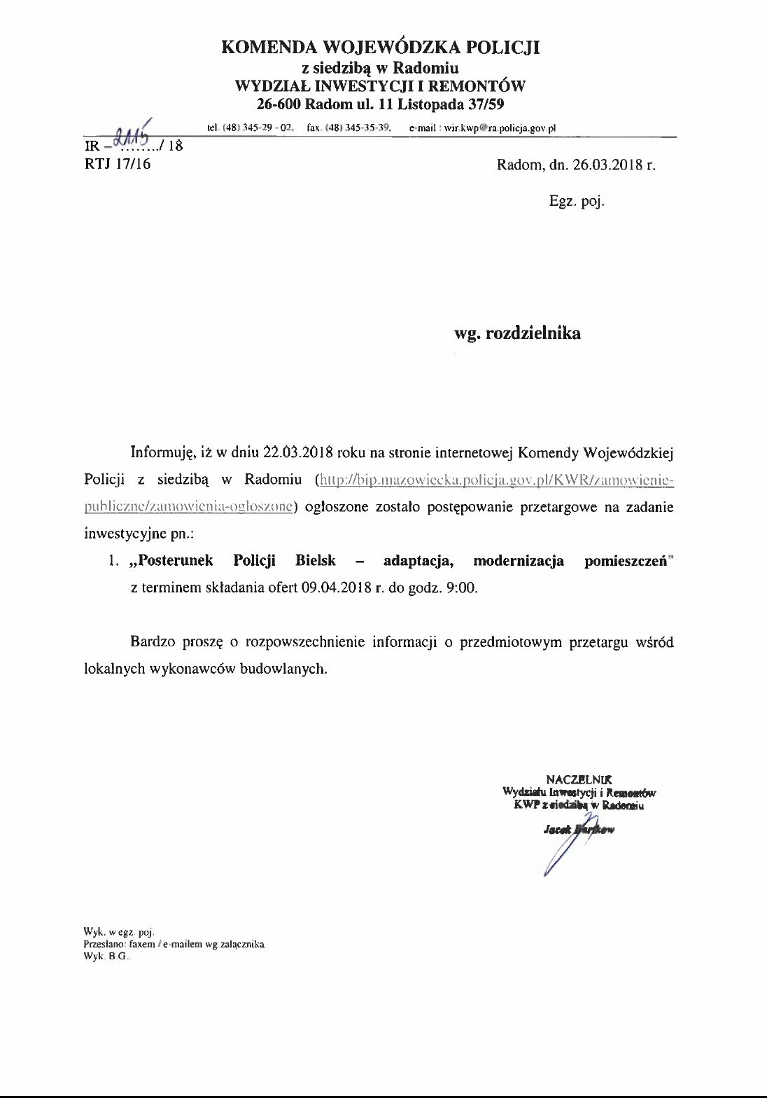 Komunikat ws. przetargu na zadanie inwestycyjne