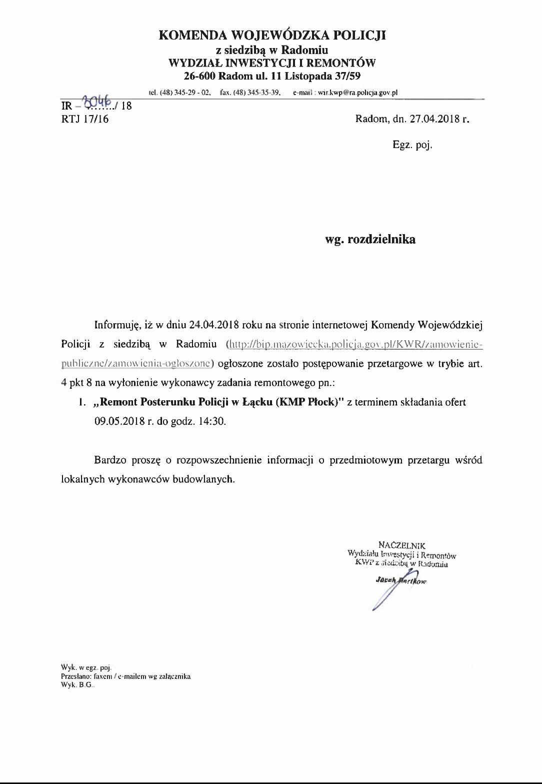 Komunikat o postępowaniu przetargowym na zadanie remontowe