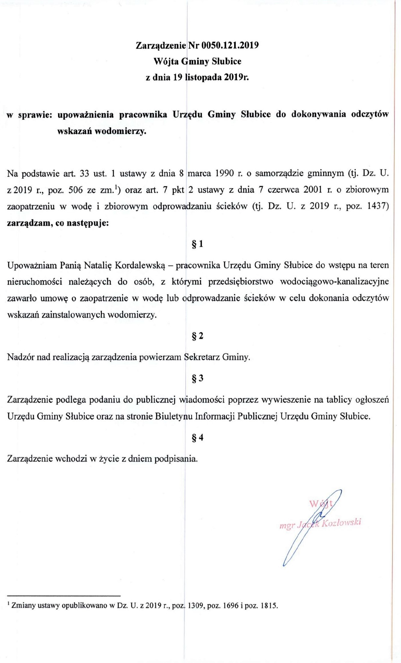  Upoważnienie do dokonywania odczytów wskazań wodomierzy w gminie Słubice.