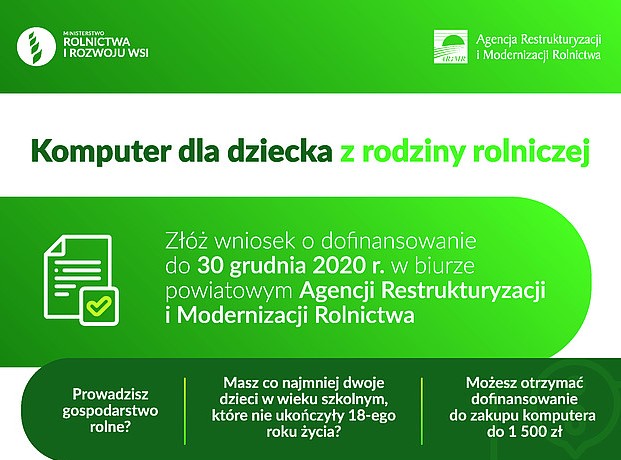 Pieniądze na zakup komputera dla dziecka z rodziny rolniczej