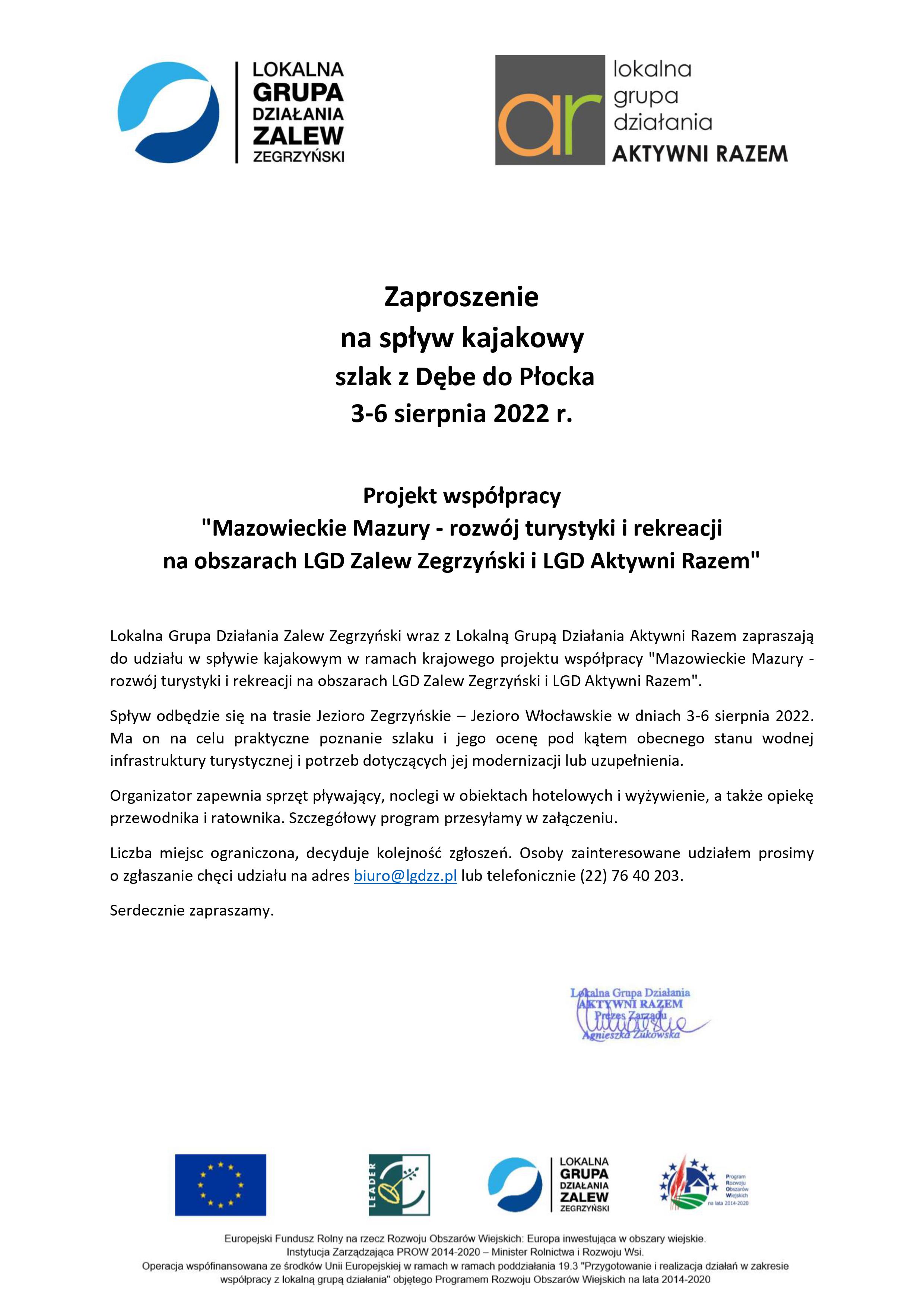 ZAPROSZENIE NA SPŁYW KAJAKOWY 