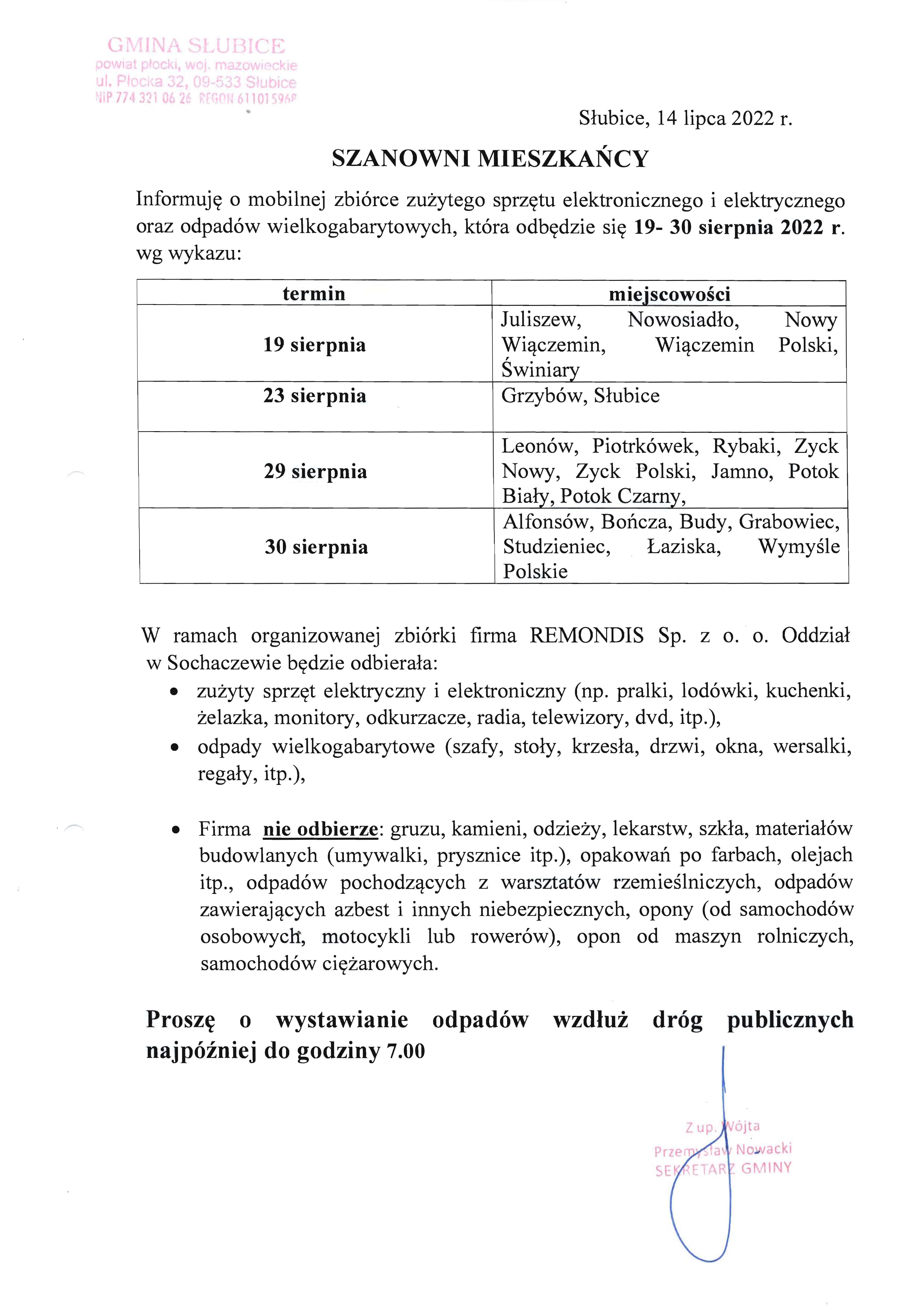 Harmonogram zbiórki sprzętu elektronicznego i elektrycznego oraz odpadów wielkogabarytowych