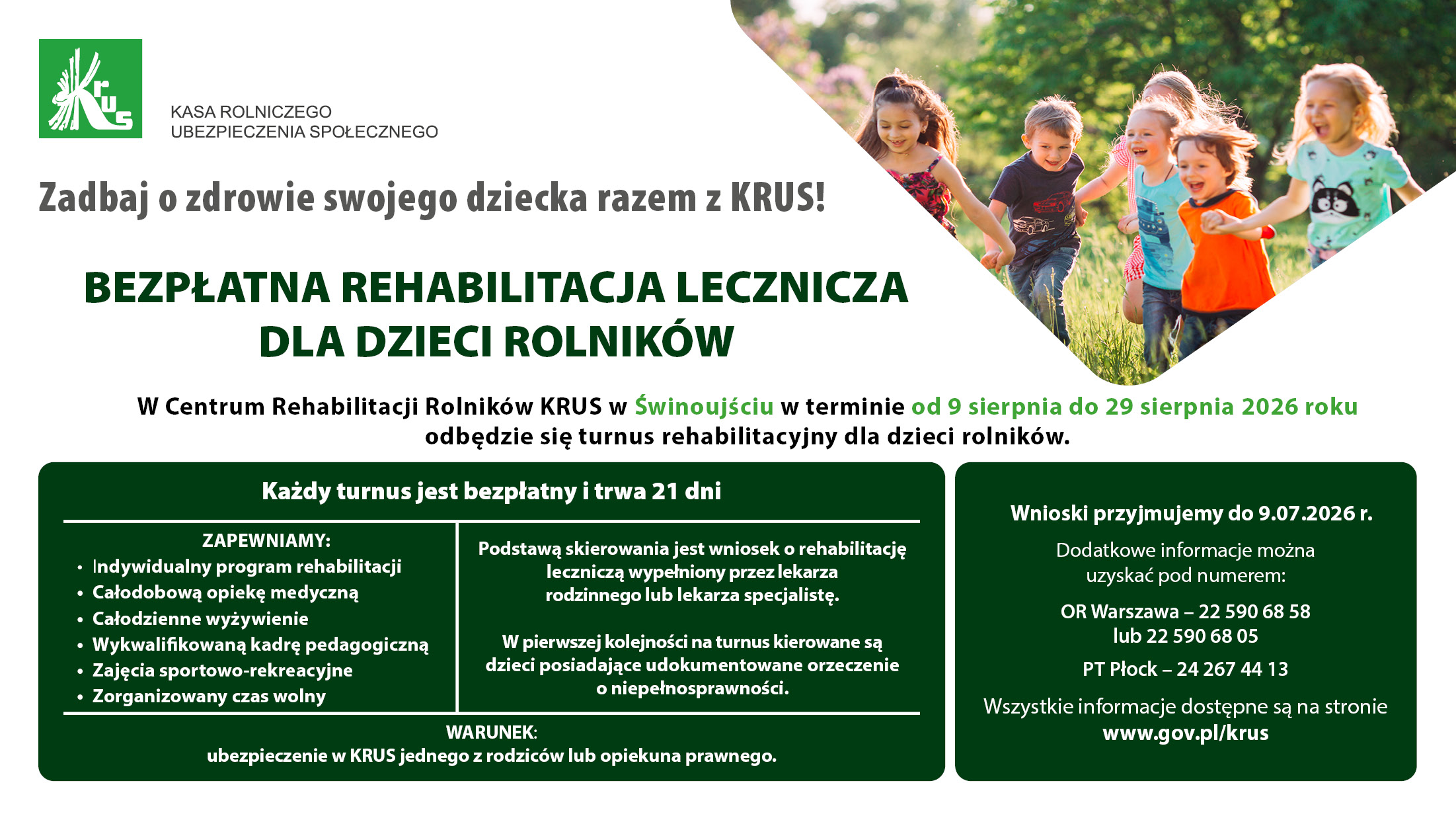 BEZPŁATNE TURNUSY REHABILITACYJNE  DLA DZIECI ROLNIKÓW